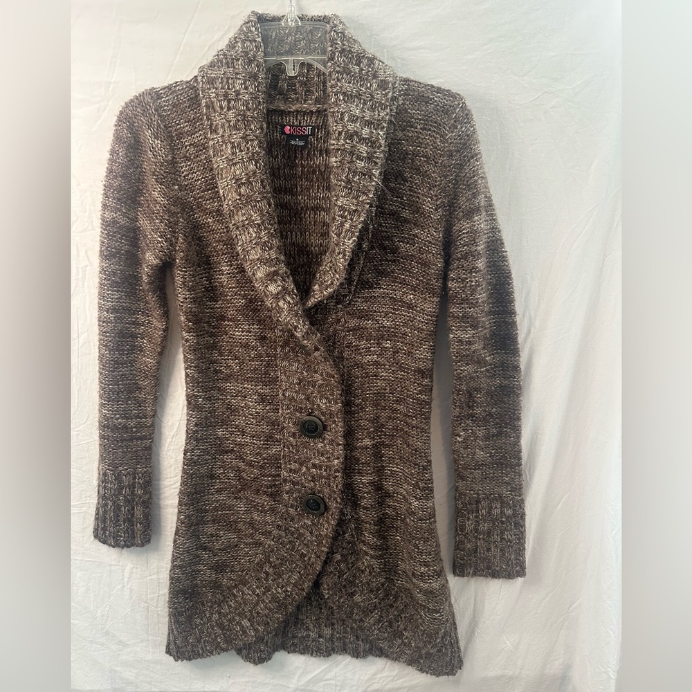 Kiss It Brown Marled Shawl Collar Button Cardigan Sweater Small